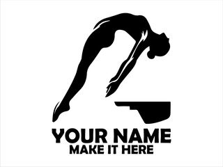 Female diver in mid-air leaps dynamically from a diving board in a stark black silhouette against a light background. Water sport concept and logo vector design