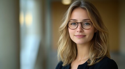 Young caucasian female wearing glasses smiling indoors
