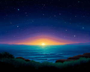 Fototapeta premium Serene ocean sunset with starlit night sky
