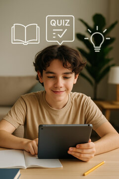 Jeune gar&ccedil;on &eacute;tudiant avec une tablette num&eacute;rique, sourire concentr&eacute;, pictogrammes de quiz, livre et id&eacute;e en surimpression : apprentissage, technologie et &eacute;ducation moderne