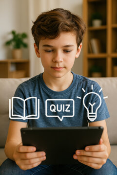 Jeune gar&ccedil;on &eacute;tudiant avec une tablette num&eacute;rique, sourire concentr&eacute;, pictogrammes de quiz, livre et id&eacute;e en surimpression : apprentissage, technologie et &eacute;ducation moderne