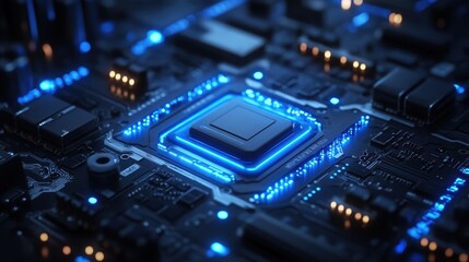 Futuristic blue circuit board with glowing microchip technology