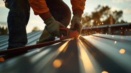 Construction worker cutting sheet metal for roofing. Featuring craftsmanship and efficiency
