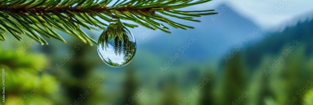 Poster transparent droplet captures reflection of mountain landscape and forest in macro detail amid lush g