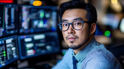 Fototapeta premium Focused Programmer Asian Man Coding Night Work Data Analysis