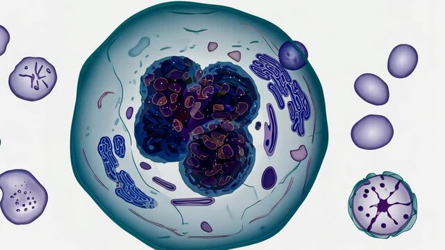 Detailed illustration of an eosinophil cell with its internal structures on a light background, depicting scientific anatomy
