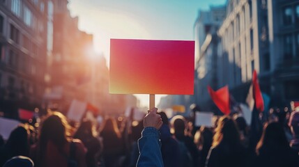Diverse crowd protesting with colorful signs in city street