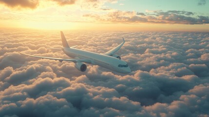 Airplane soaring through sunset sky above cloud layer