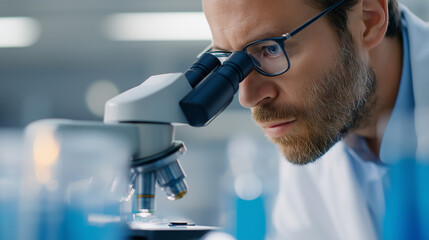 Male scientist examining samples under a microscope in a lab
