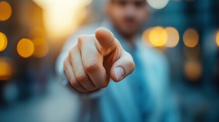 Blurred background with outstretched hand pointing forward at sunset