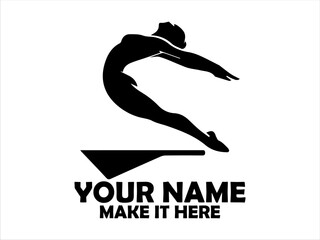 Female diver in mid-air leaps dynamically from a diving board in a stark black silhouette against a light background. Water sport concept and logo vector design