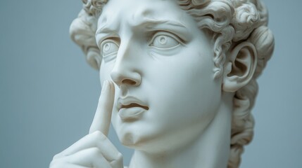 Marble statue of man in contemplative pose with finger on lips