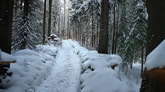 Snow-covered forest path with mushrooms and trees in winter