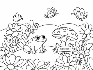 Obraz premium A delightful cartoon illustration of a friendly frog surrounded by vibrant flowers and butterflies, creating a welcoming garden scene.