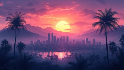 Los Angeles Skyline Silhouette with Mountains and Palm Trees at Sunrise