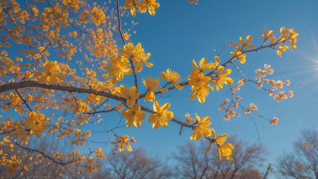 Sunny yellow flowers blooming on tree branches against clear blue sky - Powered by Adobe