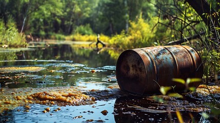Rusty Barrel Contaminating Serene Lake Surrounded by Lush Green Trees and Nature Background