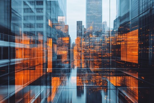 Dynamic cityscape showcasing vibrant reflections in glass buildings with warm orange highlights : Generative AI