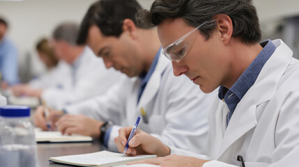Fototapeta premium Men in a sterile lab collaborating on DNA research and notebook insights