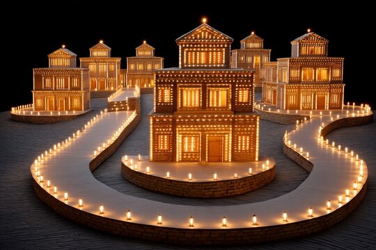 A panoramic view of a rural village in celebration with lights, music, and unity