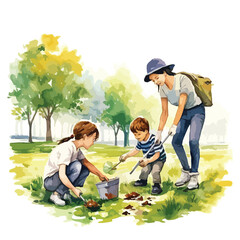 watercolor A group of people picking up litter