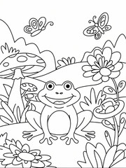 A charming cartoon frog in a whimsical garden, with cheerful butterflies and flowers. The illustration captures a sense of wonder and playfulness