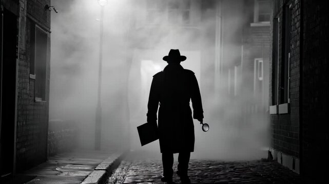 silhouette of a man, silhouette man in coat and hat, retro video, detective investigation, monochrome