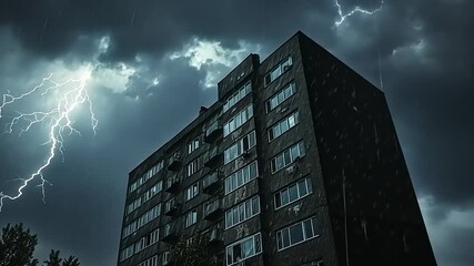 Stormy night with lightning striking an old apartment building - Powered by Adobe