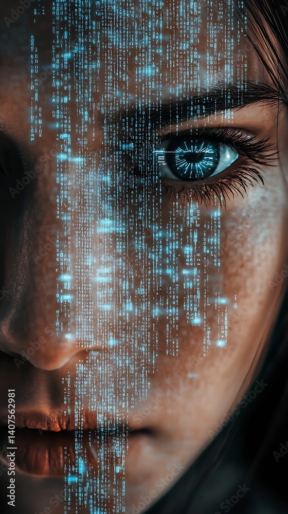 Poster close up of a woman's eye with digital data projections reflecting modern technology and innovation 