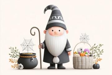 A vector of Halloween gnome standing next to a candy cauldron and spider webs, white background