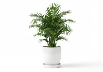A green areca palm plant in a white ceramic pot with a saucer on a plain white background studio shot