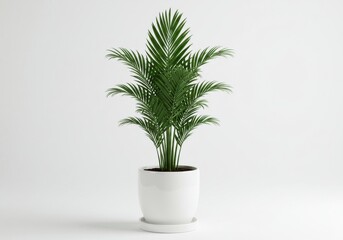 Fototapeta premium Isolated areca palm plant in a white pot against a white background in a studio setting showing detail