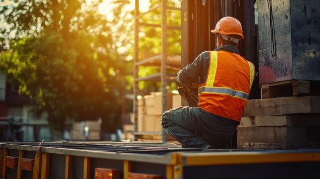 Construction worker loading materials onto a flatbed truck for transport. Featuring coordination and efficiency