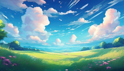 Whimsical Animestyle Meadow Eclipsed by a Dramatic Skyscape of Gigantic Cloud Formations, Radiating Serenity and Vibrant Colors.