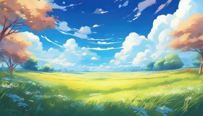 Meadow Beneath a Sky Full of AnimeInspired Clouds at Dusk, Capturing Whimsical Magic with Vivid Colors and Textures