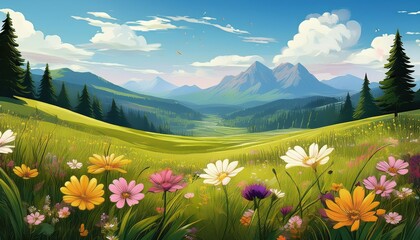 Vibrant Meadow Bloom Amongst Majestic Mountains, Sunlight Filters Through, Creating a Serene and Picturesque Scene of Natures Beauty