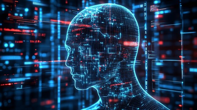 Futuristic digital illustration of a humanoid head created with glowing circuit patterns and data streams : Generative AI - Powered by Adobe
