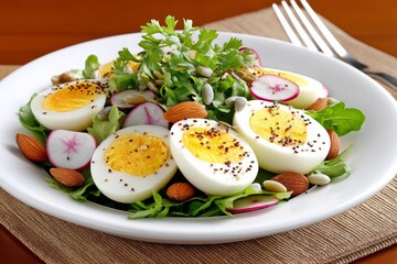 Close-up of hard-boiled eggs sliced over a salad with beans and seeds