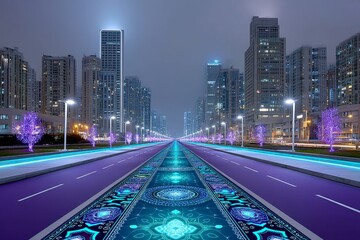 Fototapeta premium Cyberpunk-style Diwali with neon rangoli and electric diyas in a futuristic city