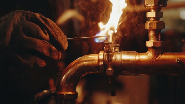 Plumber soldering copper pipes in a bathroom. Featuring skill and attention to detail