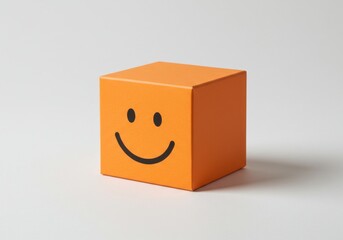Obraz premium A close up of an orange cube with a smiley face on it against a white background in a studio setting