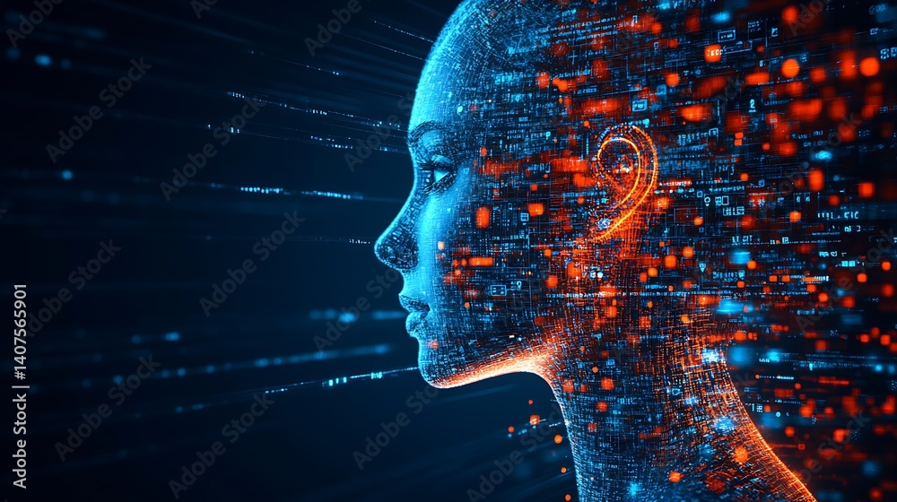 Poster A Futuristic Digital Portrait of a Woman with Flowing Data and Bright Binary Codes : Generative AI