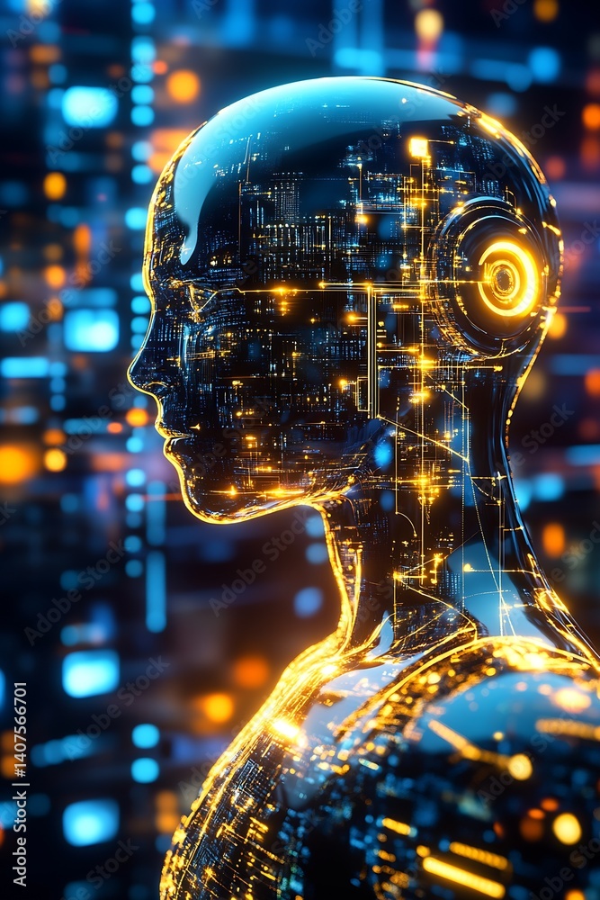 Poster Futuristic humanoid robot head illuminated with vibrant lights representing advanced technology concepts : Generative AI