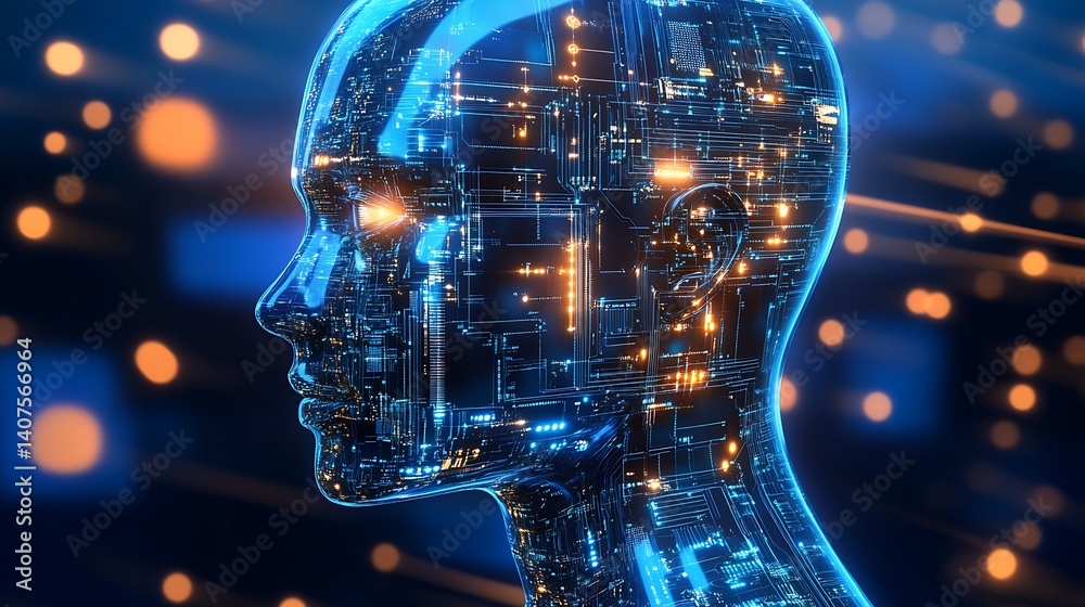Poster futuristic digital human head with circuitry glowing in a cybernetic landscape : generative ai