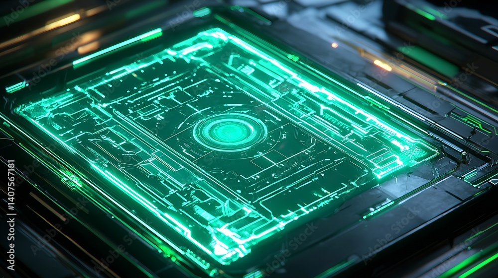 Poster Futuristic green illuminated circuit board technology with glowing elements in a high-tech environment : Generative AI