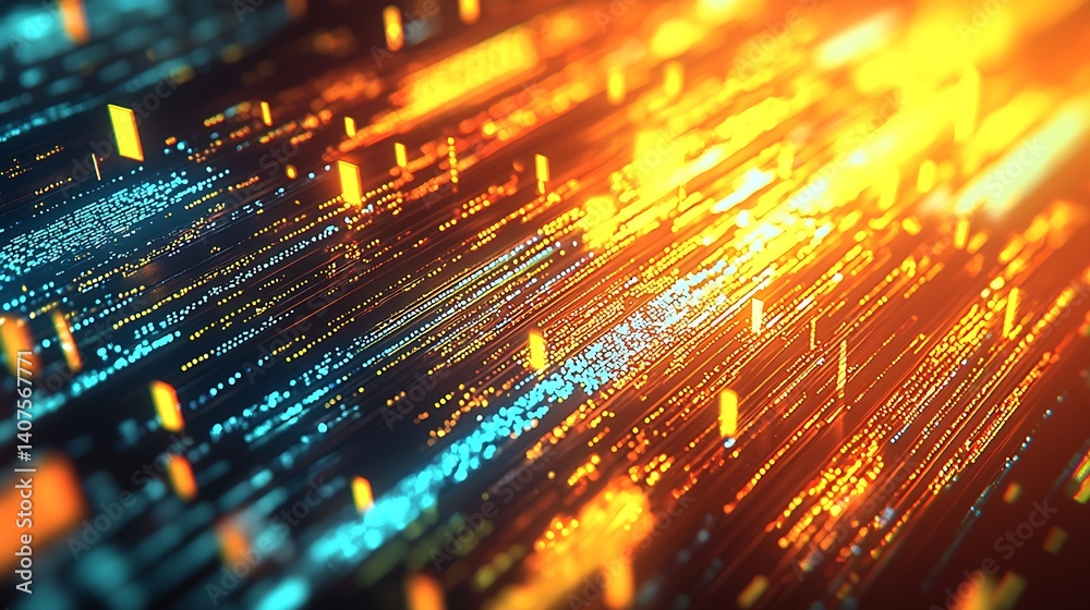 Poster Dynamic abstract background featuring vivid lines of orange and blue lights creating a sense of speed and movement : Generative AI