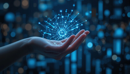 Artificial intelligence concept with a hand holding a glowing sphere symbolizing the power of AI. 