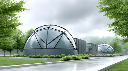 Futuristic geodesic dome homes nestled in a lush green landscape on a cloudy day