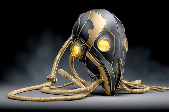 Futuristic gold and black helmet with glowing lights and beige cords
