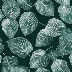 Seamless Winter Holiday Pattern of White Leaves on Dark Green Background Minimalistic Botanical Design